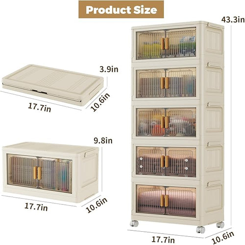 28 Qt Plastic Storage Bins with Lid, Collapsible Closet Organizer and Drawers, Stackable Storage Containers with Wheels, 5Pack