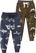 HUAER& Baby Boy's Jogger Pants Dinosaur Car Animal Print Drawstring Elastic Sweatpants 2-Pack