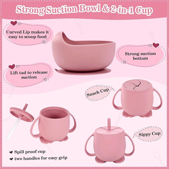 Silicone Baby Feeding Set 10 Pcs Baby Led Weaning Supplies Suction Bowl Divided Plate Baby Bibs Fruit feeder Pacifier Baby Spoons Forks Sippy Cup Utensil Sets Baby Essentials for Newborn （Deep Pink）