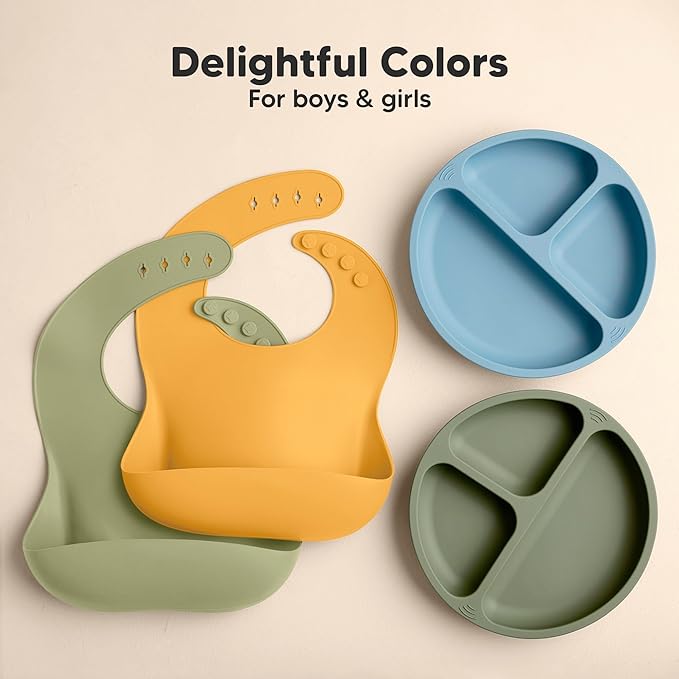 KeaBabies 2-Pack Silicone Baby Bibs for Eating - Sturdy Food-Grade Silicone Bibs for Babies Girl, Boy, Large Food Catcher, Clean & Put On Easily, Waterproof Toddler Feeding Essentials (Forest)
