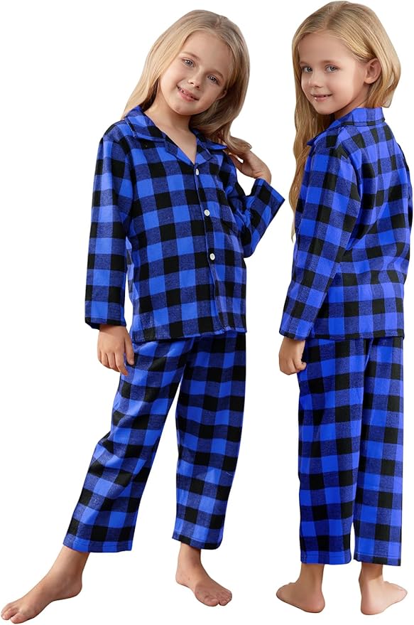 Schbbbta Kids Pajamas Set, Plaid Button Down Pjs for Girls & Boys, 9 Months - 14 Years