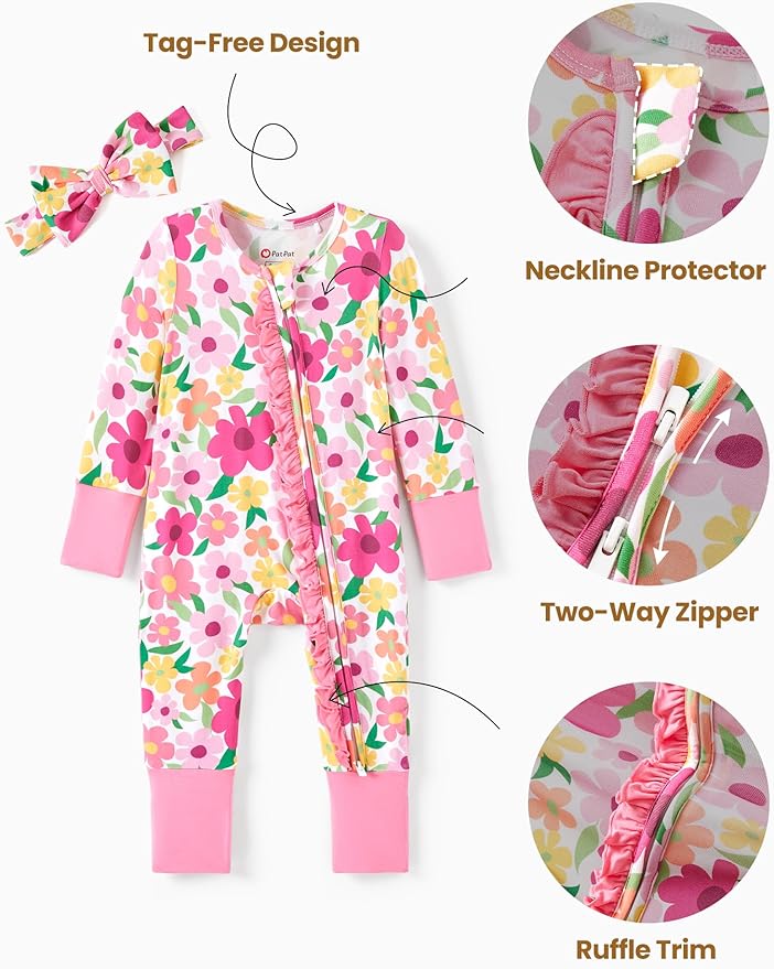 PATPAT Baby Girl Boy Clothes Newborn Infant Footie – Soft Viscose from Bamboo– 2-Way Zipper, Fold-Over Mitten, Ruffle Trim