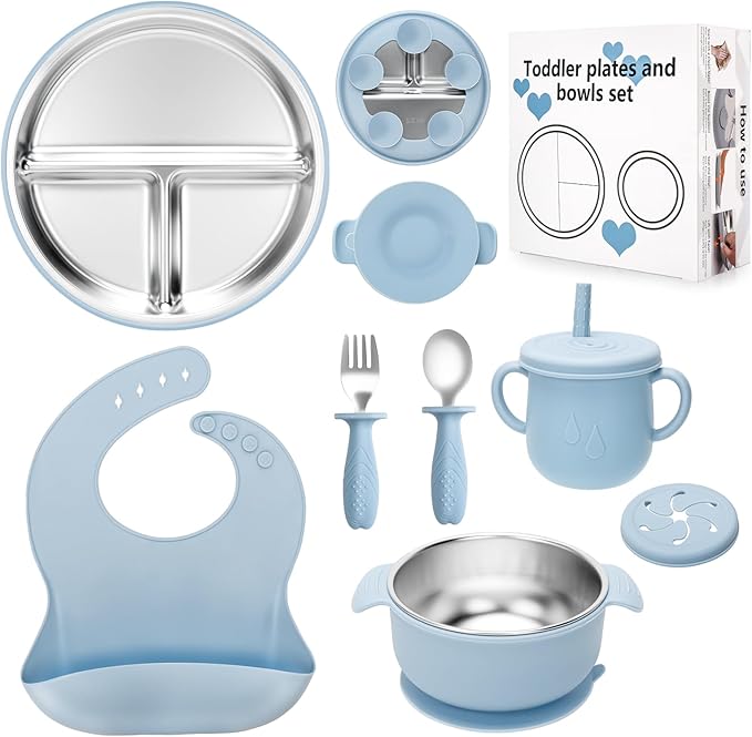 Stainless Steel Kids Plates and Bowls Set with Suction, Divided Baby Plate and Toddler Bowl with Removable Silicone Suction,Stainless Steel Weaning Bundle, Silicone Baby Feeding Set (Blue)