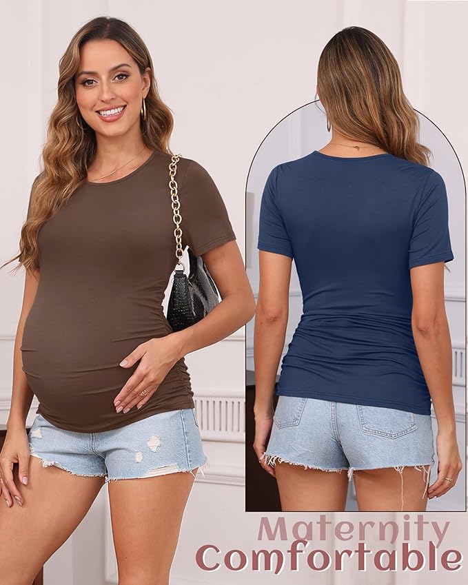 Huukeay 4 Pack Women's Maternity Shirts, Crew Neck Maternity Top Short Sleeve Casual Cotton Tee Side Ruched Pregnancy Clothes