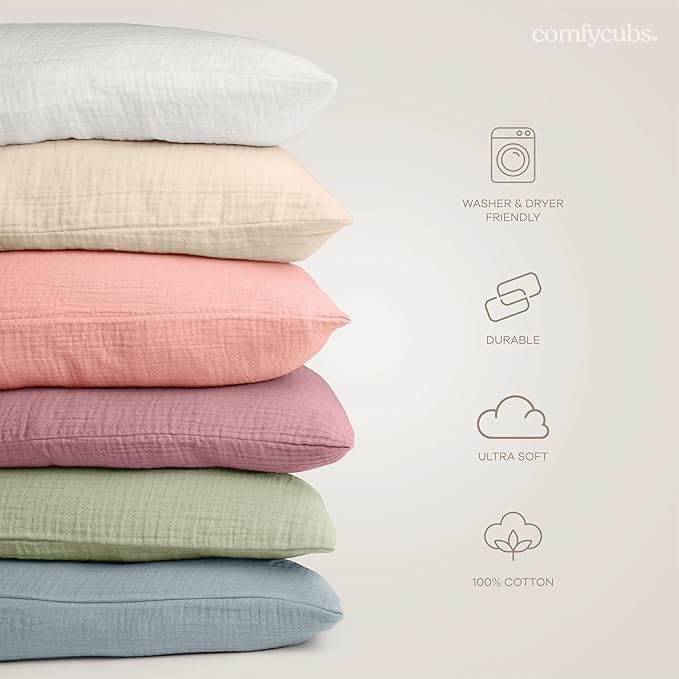 Comfy Cubs Toddler Pillow with Muslin Pillowcase, 13 x 18 in - Travel and Sleep Support for Kids - Lightweight, Breathable Microfiber Fill - Soft and Cozy Small Pillow for Toddlers - Blush