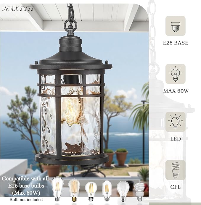 Large Hanging Porch Light 12.4 Inch Dusk to Dawn Outdoor Pendant Light with Water Ripple Glass Waterproof Outdoor Hanging Lantern Light with Adjustable Chain E26 Socket