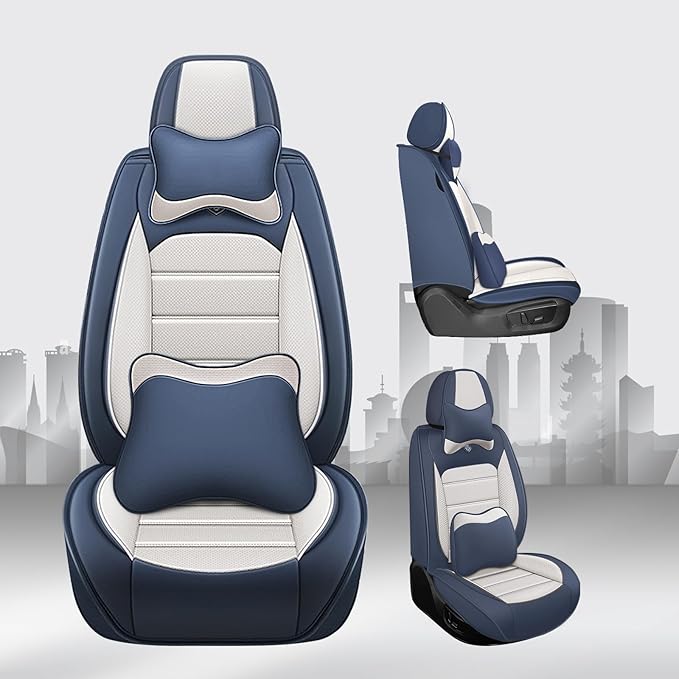 JOJ Fit for Toyota Highlander 2001-2022 Seat Covers,7 Seat Car Seat Cover,No-Slip Waterproof Breathable Faux Leather,Full Set with Pillow Steering Wheel Covers,Cream Blue