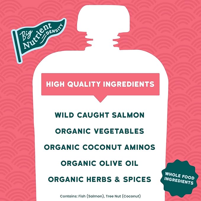 Serenity Kids + Months Baby Food Puree - Salmon Teriyaki Pouch, 3.5 oz, Pack of 6-5g Protein DV Wild-Caught Salmon Snacks - Nutrient-Packed Organic Baby Food Pouches - No Sugar Added Toddler Snack