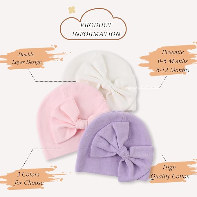 Bamery Newborn Baby Girl Hat Cotton Baby Bow Beanie Preemie Hats Spring Infant Hats for Girls 0-12 Months