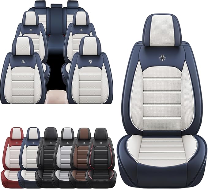 JOJ Car Seat Cover Fit for Toyota Highlander 2001-2025,7 Seat Car Seat Cover,No-Slip Waterproof Breathable Faux Leather Automotive Seat Covers Auto Interior Covers,Full Set,Cream Blue