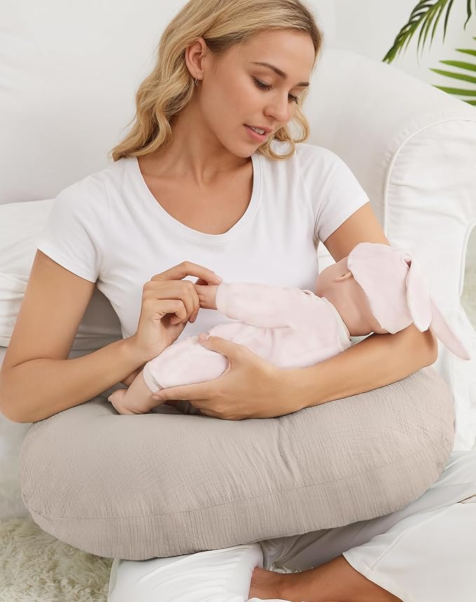 Nursing Pillow Covers 2 Pack, Muslin Nursing Cover for Breastfeeding Pillows, Comfortable for Baby Girls and Boys (Rabbit-A & Beige)