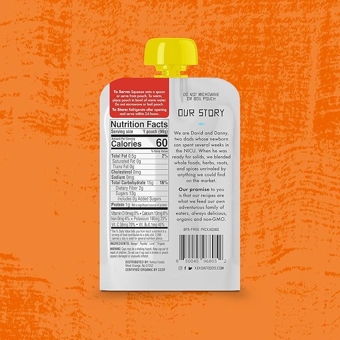 Kekoa Foods 100% USDA Certified-Organic Vegetarian Baby Food Puree Variety Pack: 3.5 oz Squeeze Pouches | Apple & Ginger, Mango Paprika, Curry Vegetable Mango | No Added Sugar or Salt | Nutrient-Rich & Flavorful