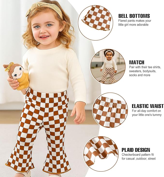 SOBOWO Checkered Baby Girl Flare Pants 3 Pack Toddler Bell Bottoms Plaid Ruffle Leggings Pants Fall Winter Outfits Size 6M-4T