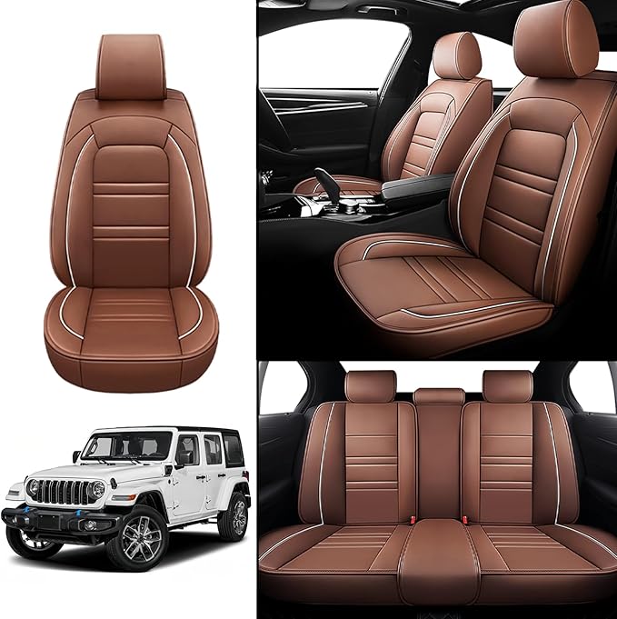 Seat Covers for JP Wrangler 2007-2025 | 5-Seats Leather Seat Covers, Easy to Install Automotive Seat Covers Full Set (Full Set, Coffee)