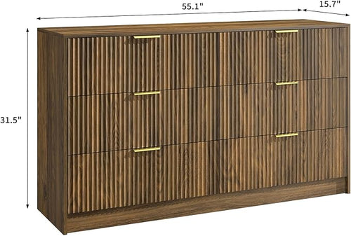 6 Drawers Fluted Dresser for Bedroom, 55" Wide Wooden Dresser with Deep Drawers, Large Floor Chest of Drawers, Modern Long TV Stand, Storage Cabinet Side Table, Walnut