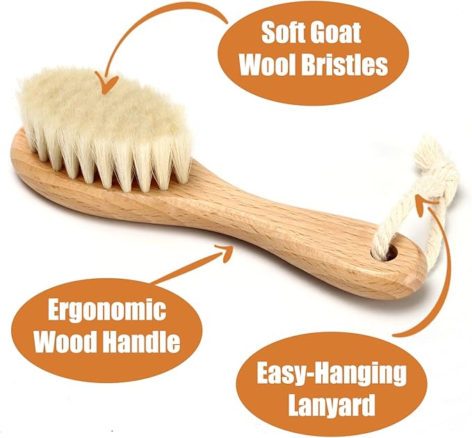 Wooden Baby Hair Brush and Comb Set, 3Pcs Natural Soft Goat Bristles Brush Cradle Cap Comb Baby Shower Scrubber Perfect Scalp Grooming Product for Newborn, Toddler, Infant (Pink)