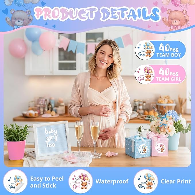 80Pcs Cute Bear Gender Reveal Stickers Roll, 2 Inch Team Boy Team Girl Gender Reveal Labels, Pink and Blue Self-Adhesive Decorative Round Stickers for Baby Shower Party Supplies