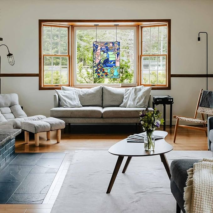 Bieye W10095 Peacock in Garden Tiffany Style Stained Glass Window Panel for Home Decor (Blue, 17.5Wx23.75H Rectangular)