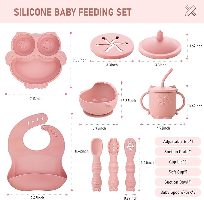 Baby Weaning Set - Silicone Toddler Feeding Set (10 Pcs) with Adjustable Bib, Suction Bowl, Plate, Fork, Spoon, Water & Snack Cup Kit - Baby Led Weaning Kit