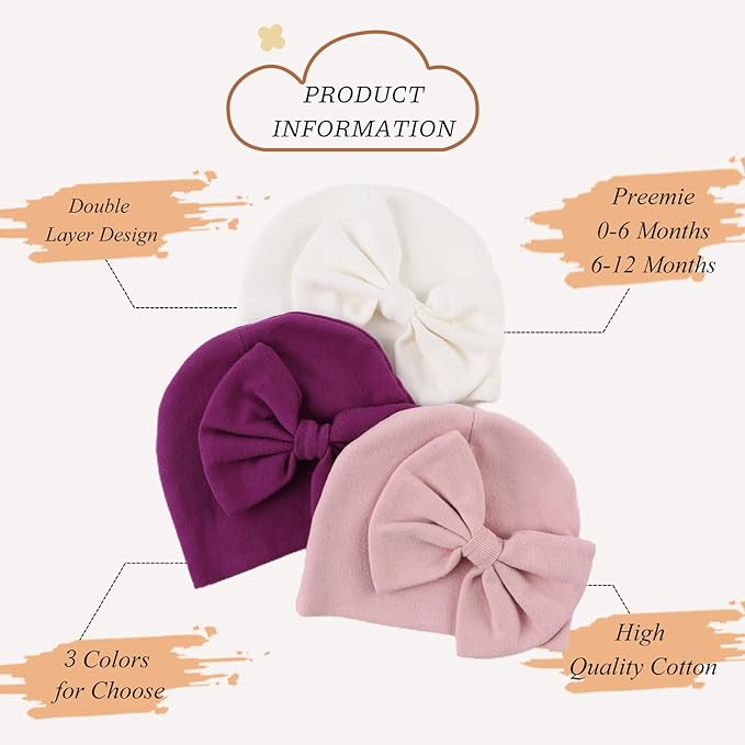 Bamery Newborn Baby Girl Hat Cotton Baby Bow Beanie Preemie Hats Spring Infant Hats for Girls 0-12 Months