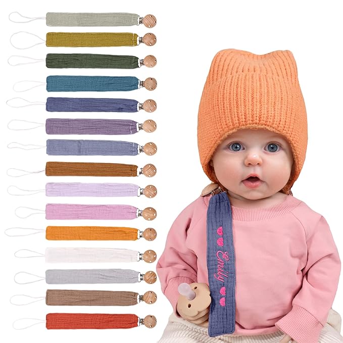 Personalized Bohemian Pacifier Clip Embroidered with Name is The Perfect Newborn Gift Made from eco-Friendly Bamboo! (Dark Blue)