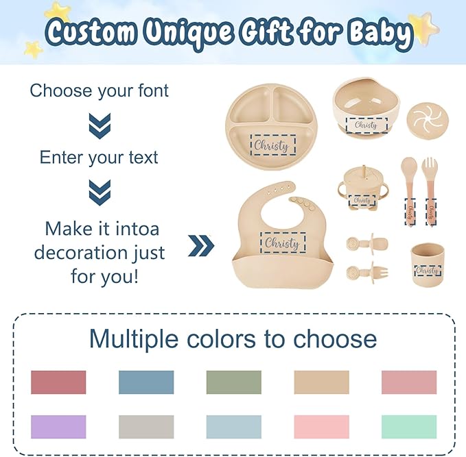 Personalized Silicone Baby Feeding Set with Name, Customized Baby Led Weaning Supplies Self Feeding Eating Utensils with Spoon, Fork, Silicone Suction Bowls, Cup, Plate Mint Green