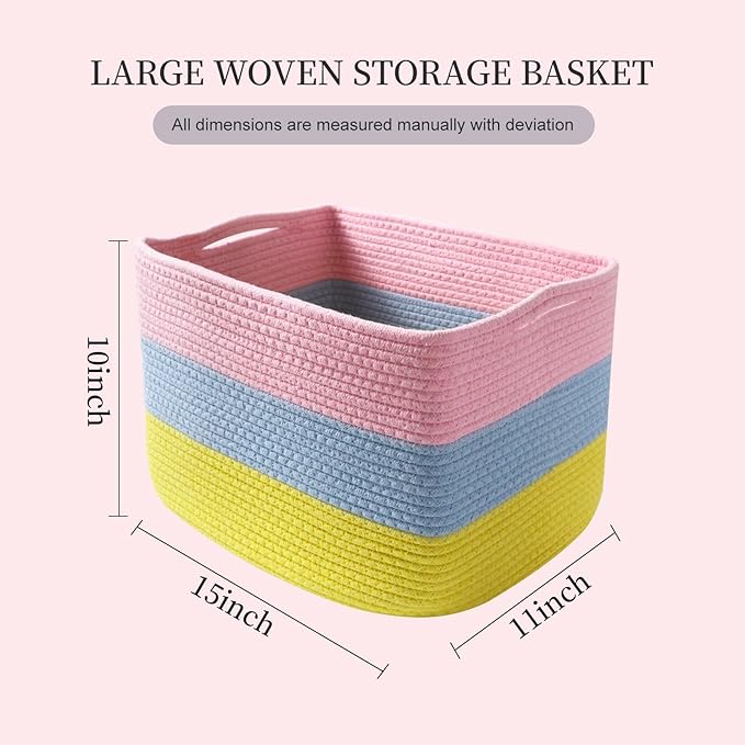 Hopegiver 3 Pack Storage Baskets for Organizing with Handle, Woven Baskets for Shelves - Durable Gift Basket for Cloth Toys Books Baby, Cotton Rope Basket for Dog Cat, 15x11x10 Inch(Pink&Blue&Yellow)