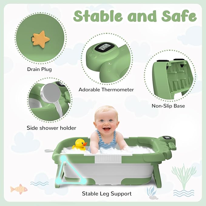 Collapsible Baby Bathtub for Newborn to Toddler (0-24 Months), Portable Baby Bath Tub for Travel, Newborn Bathtub with Soft and Supportive Cushion (Astronaut-Green)