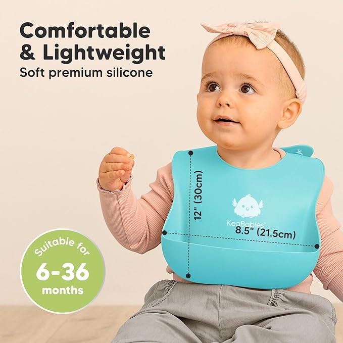 KeaBabies 2-Pack Silicone Baby Bibs for Eating - Sturdy Food-Grade Silicone Bibs for Babies Girl, Boy, Large Food Catcher, Clean & Put On Easily, Waterproof Toddler Feeding Essentials (Cloud Nine)