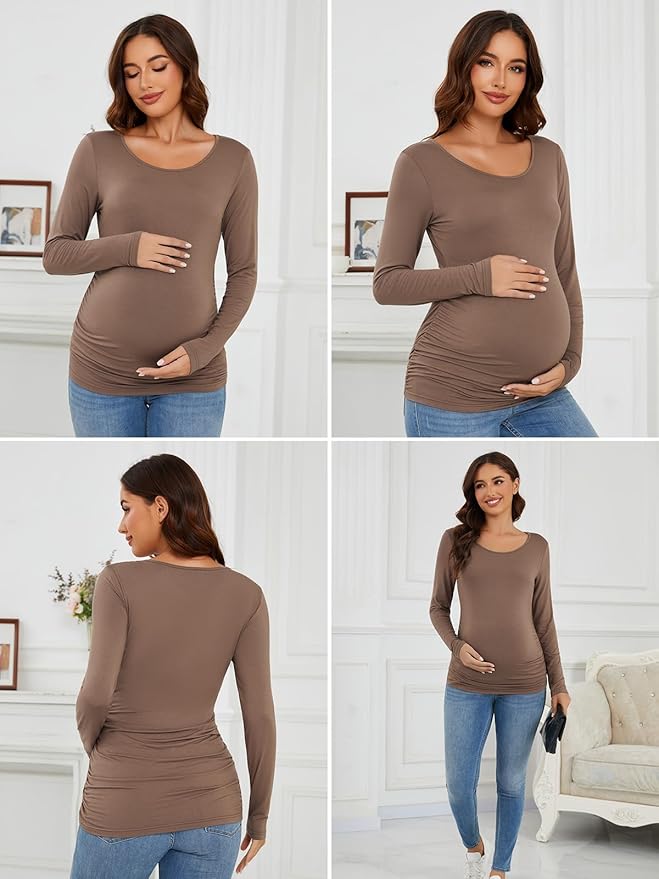 Ecavus Women's Maternity Shirts Long Sleeve Soft Stretchy Pregnancy Tops Side Ruched Casual Mama Clothes