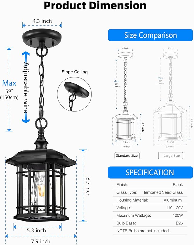 VIANIS Outdoor Pendant Lights for Porch, Black Exterior Hanging Lanterns Outdoor, Aluminum Farmhouse Ceiling Light Fixture, Waterproof Tempered Seed Glass Chandelier for Gazebo