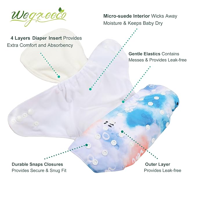 wegreeco Cloth Diapers 6 Pack with 6 Inserts & 1 Wet Bag, Washable Cloth Diapers for Babies, One Size Adjustable Reusable (Tie-dye, Ink)