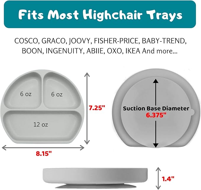 Silikong Suction Plate for Toddlers | BPA Free, 100% Food-Grade Silicone | Microwave, Dishwasher and Oven Safe | Stay Put Divided Baby Feeding Plates (1, Grey)