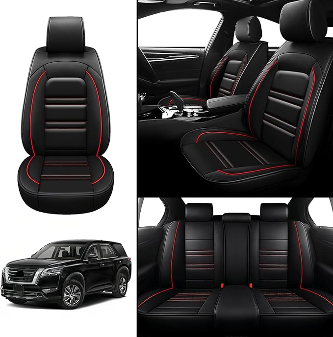 Seat Covers for Nissan Car Pathfinder 2000-2025 | 5-Seats Leather Seat Covers, Easy to Install Automotive Seat Covers Full Set (Full Set, Black&Red Line)