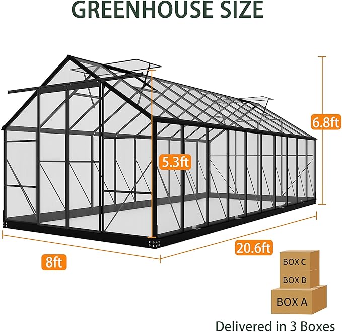Greenhouses for Outdoors, 8x20 FT Polycarbonate Greenhouses with 4 Adjustable Roof Vents, Walk-in Aluminum Frame Green Houses for Outside with Sliding Doors Fit for Garden, Windproof (8x20FT)