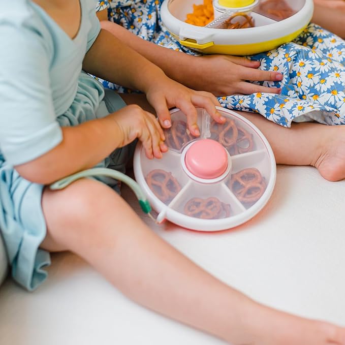 GoBe Kids Small Snack Spinner Flip Bundle with Hand Strap and Sticker Sheet - Reusable Snack Container with 5 Compartment Dispenser and Lid | BPA/PVC Free | Dishwasher Safe | No Spill - Lemon Yellow