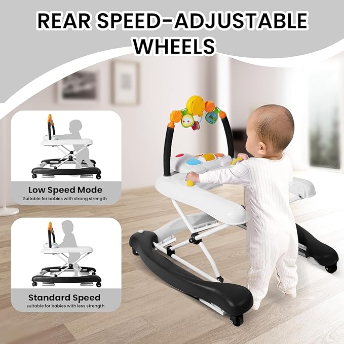 Baby Walker, 5-in-1 Baby Walkers for Boys and Girls 6-12 Months with Bouncer, Removable Footrest, Feeding Tray & Music, Foldable & Adjustable Activity Walker for 6-18 Months Toddler Infant