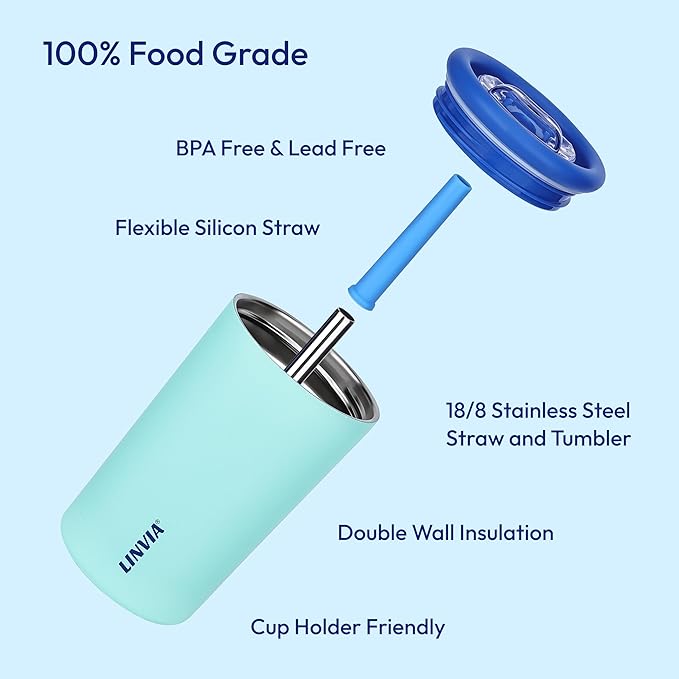Candy Tumbler, 12 oz Kids Insulated Stainless Steel Water Bottle with Spill Resistant Silicone-Metal Straw and 2-in-1 Lid, BPA-Free, Cup Holder Friendly, Dishwasher Safe, Teal