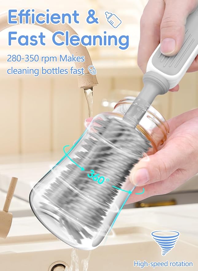 Electric Baby Bottle Brush Cleaner - Baby Bottle Brush Travel Essential, Safe BPA-Free Silicone, One Button 360° Efficient Cleaning, Long-Lasting 2000 mAh Battery, Storage Box for Travel (Grey)