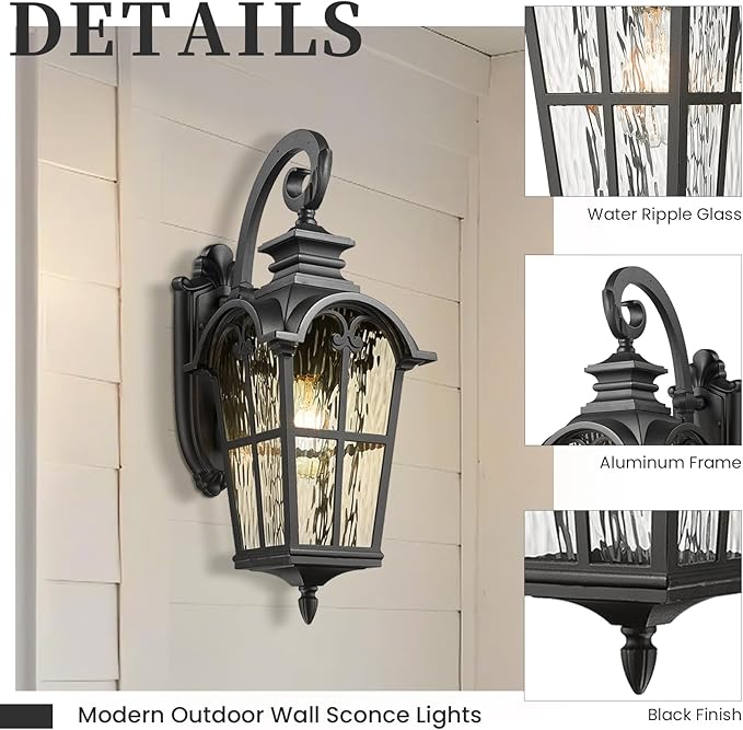 Outdoor Wall Lamps Aluminum Outside Light Fixtures for House 24 Inch Height Large Size Exterior Porch Lights Wall Mount with Water Ripple Glass Black Finish