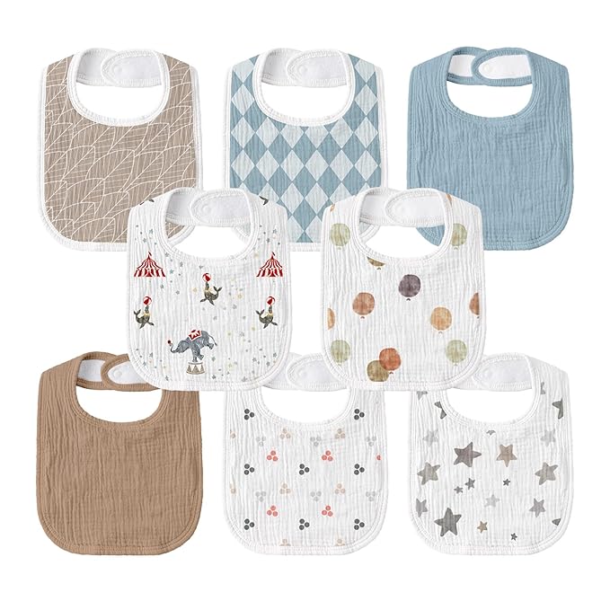 GLLQUEN BABY Muslin Drool Bibs for Boys Girls 8 Pack, Adjustable Baby Bibs for Drooling and Teething, Soft Cotton Baby Bandana Bib for Newborn Feeding Essentials (Circus)