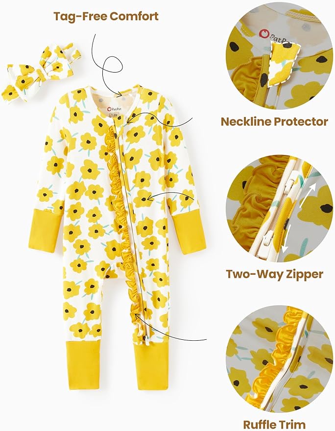 PATPAT Baby Girl Boy Clothes Newborn Infant Footie – Soft Viscose from Bamboo– 2-Way Zipper, Fold-Over Mitten, Ruffle Trim
