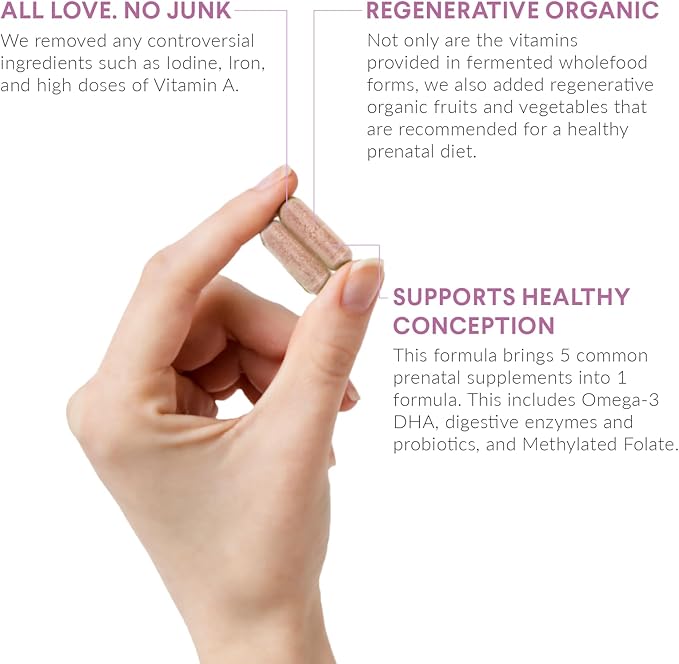 Nutritional Roots Prenatal Vitamins with DHA - Whole Food Vitamins with Folate, Probiotics and Regenerative Organic Ingredients, Without Iron, Without Iodine, Bump It Up, 30 Servings