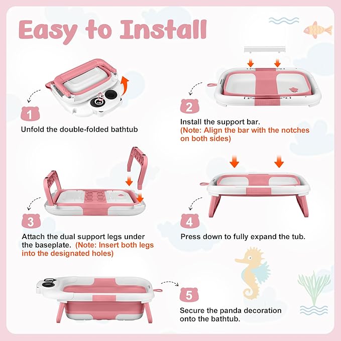 Collapsible Baby Bathtub for Newborn, Baby Bath Tub with Thermometer & Soft Floating Cushion & Drain Hole for Infant to Toddler, Portable Travel Bathtub with No-Slip Feet for 0-36 Months-Pink