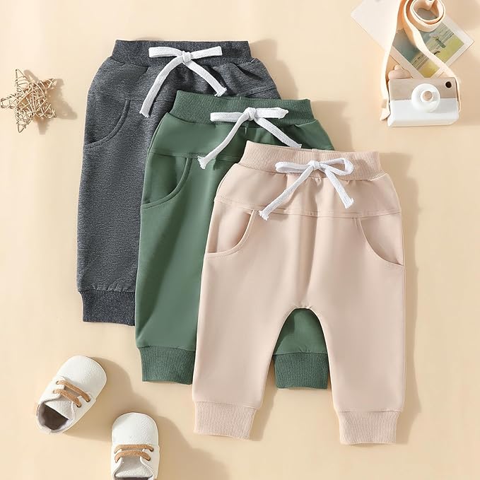 Sejardin Toddler Baby Boy Girl Pants 3 Pack Solid Color Elastic Waist Jogger Sweatpants Newborn Infant Casual Bottoms