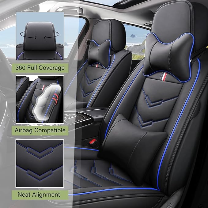 Leather Car Seat Covers Fit for LR Defender 2020-2025, 5 Seater Waterproof and Wear-Resistant Seat Cover Interior Accessories(Full Set with Pillow,Black&Blue)
