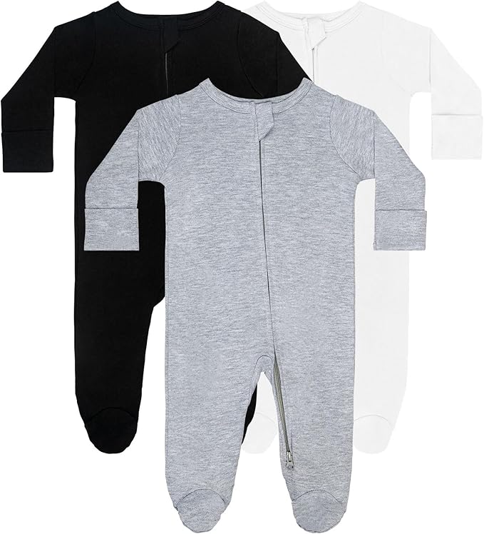 GUISBY Long Sleeve Baby Footed Pajamas with Mittens Cotton Sleepers with Zipper 3-Pack