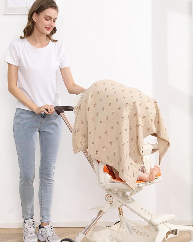 Muslin Nursing Cover for Baby Breastfeeding, Breathable 100% Cotton Breastfeeding Cover with Rigid Hoop for Mother Nursing Apron (Ivory Rainbow)