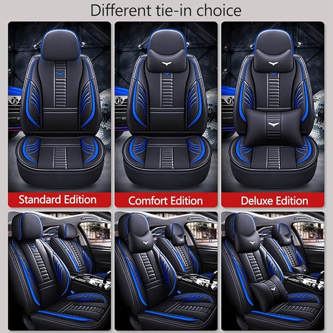 Luxury 2 Seats Car Seat Covers Protectors for Suzuki 1999-2025 95% Models, Back Storage Bag Design & Headrest Pillow & Lumbar Support Black & Blue Line