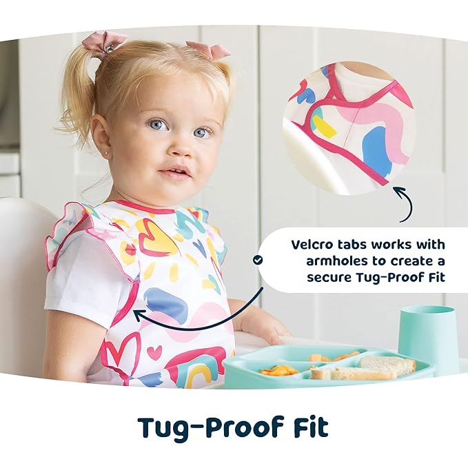 Tiny Twinkle Short Sleeve Apron Baby & Toddler Bib for Girls – Waterproof, Mess-Proof Bibs for Eating & Feeding, Machine Washable,Perfect Holiday Gift (Floral Blue, 6–24M)